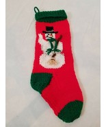 Vintage Handmade Knit Christmas Stocking Snowman Broom Hat Red Green Hol... - $30.07 CAD