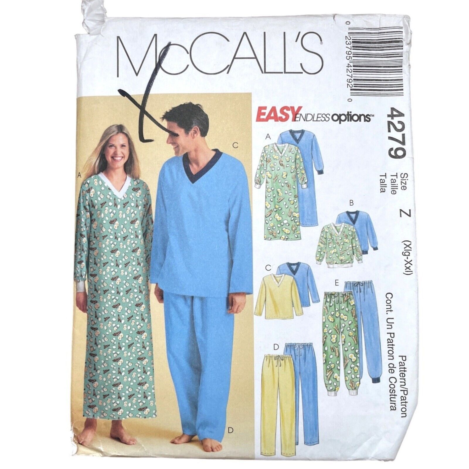 McCalls Sewing Pattern 4279 Nightshirt Top Pants Gown Unisex Teen Adult XL-XXL - $8.99