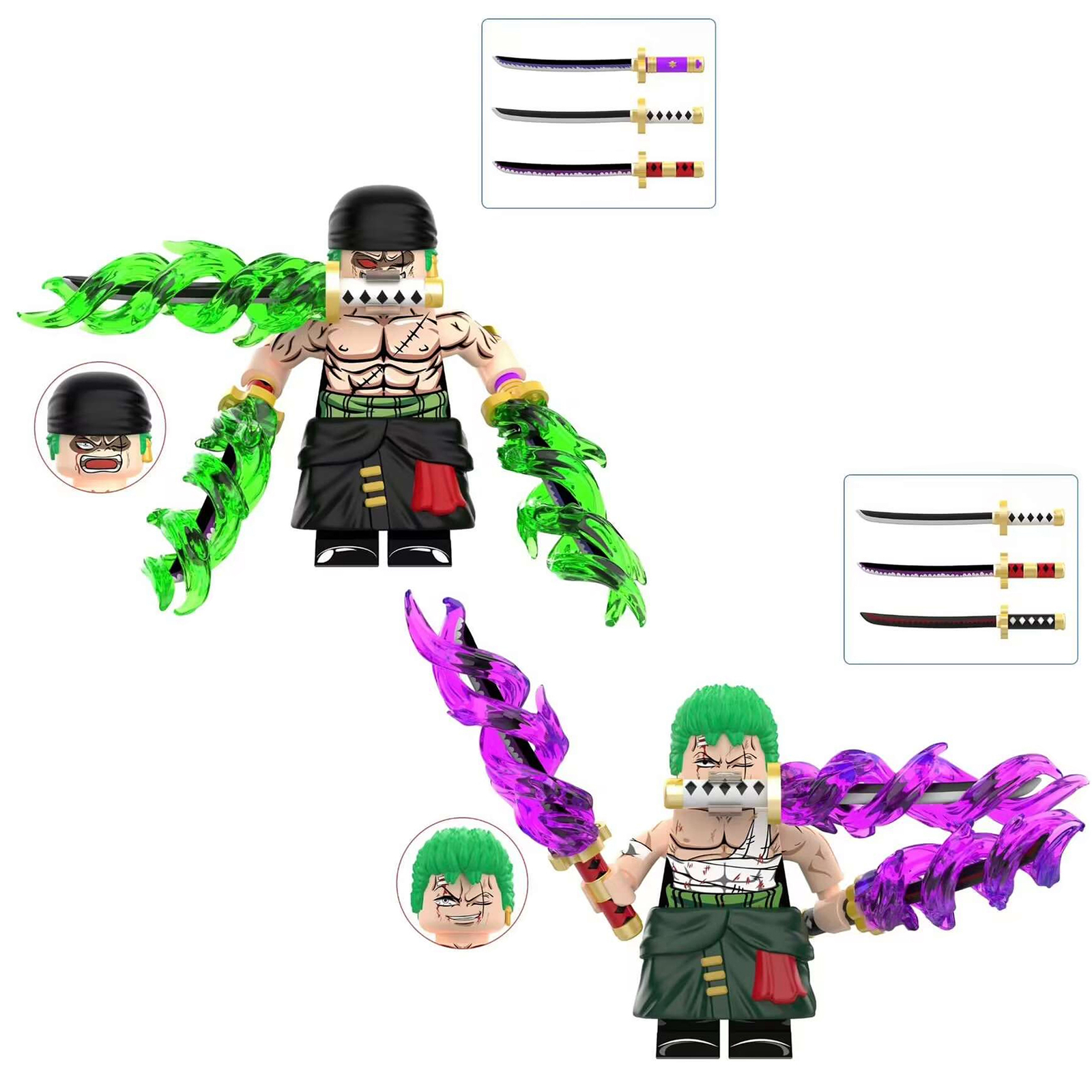 2Pcs One Piece Zoro Minifigures Sandai Kitetsu Roronoa Zoro Mini Building Blocks