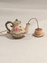 Christmas Teapot and Cup Ornament Pink Green Beige  1 1/2&quot; Victorian Pou... - $12.62
