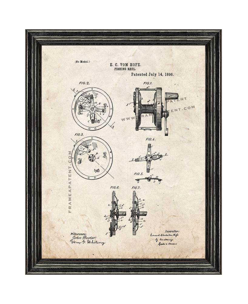 Fishing Reel Patent Print Old Look with Black Wood Frame - $24.95 - $109.95