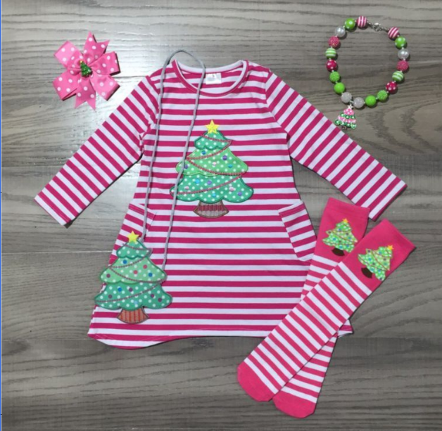 NEW Boutique Christmas Tree Girls Dress Socks &amp; Purse Outfit Set - $3.49+