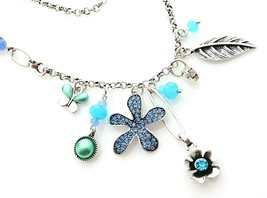 Long Continuous Asymmetrical Crystal Blue Rhinestone Antiqued Silver Necklace - $13.99