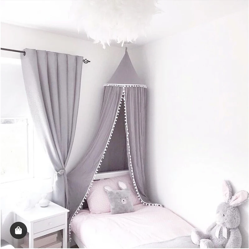 Kids Room Nursery Decor Cotton Canopy With White Pompoms Mosquito Baby Boy Girl - £40.84 GBP