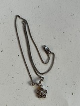 Vintage Silvertone Chain w Clear Rhinestones Flower Dangle Pendant Necklace – - £11.77 GBP