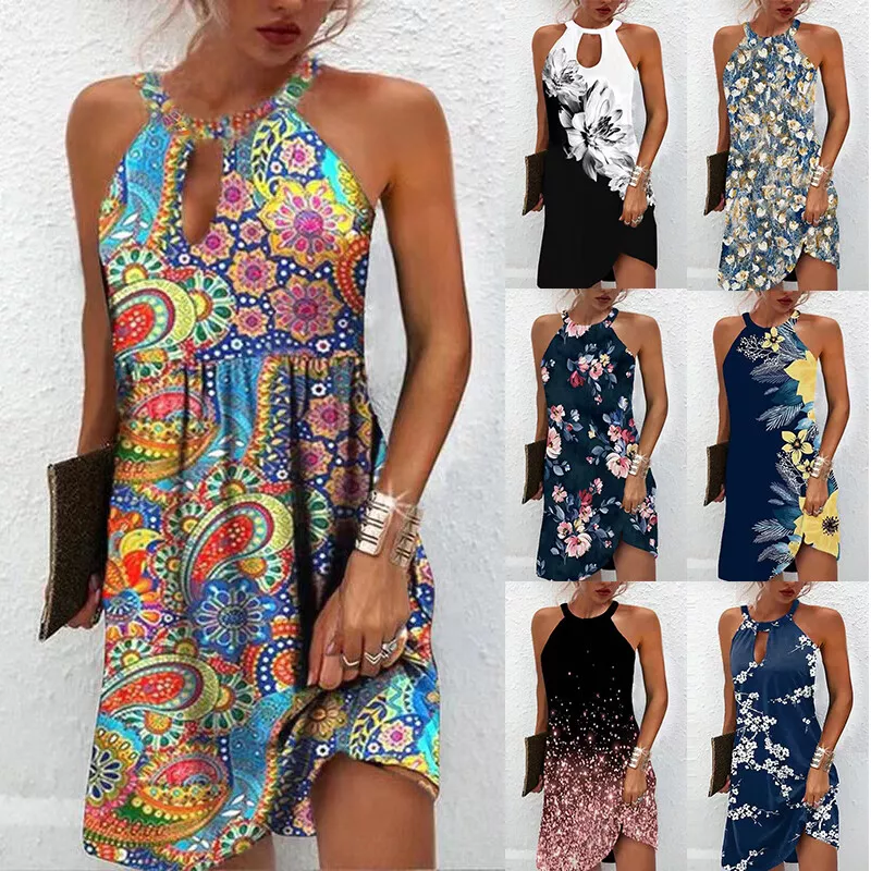 Womens Halter Neck Mini Dress Ladies Evening Party Cocktail Swing Dress - $38.85