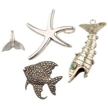 Sterling Silver Sea Creatures Pendants &amp; Brooch, Starfish, Whale Tail, Two Fish - £100.31 GBP