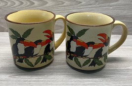 Toucan Bird Coffee Cups Mugs Vintage Set of 2 Jungle Trees - $27.95