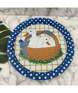 Vintage 80s Goose Ducks Birds Tin Metal Round Tray Blue White Polka Dot ... - $19.79