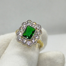 2.45Ct Radiant Cut Green Emerald 925 Sterling Silver with Yellow Gold Over Ring - £90.86 GBP