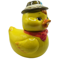 Vintage Yellow Duck Trinket Figurine Japan 2 Piece Figure Hat Bow Mod Decorative - £15.98 GBP