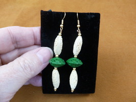 EE400-48  off white Green CINNABAR flower wooded bead dangle hook earrings gold - £13.98 GBP