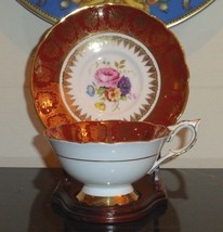Royal Stafford Deep Red Gold Teacup and Saucer Numbered 4419 Plus Wood Stand - £61.86 GBP
