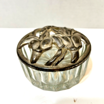 Vintage Crystal Trinket Dish With Handmade Silver Metal Lid Iris Round 4 inch - £14.81 GBP