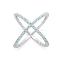 925 Sterling Silver Turquoise Blue Stones Rhodium Plated Criss Cross &#39;X&#39; Ring  - £72.93 GBP