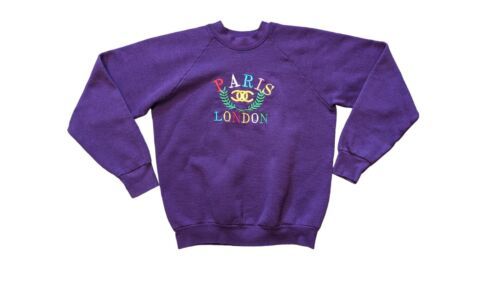 Vintage London Paris Purple Embroidered Crewneck Pullover Fruit Of The Loom Sz L - $16.15
