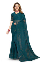 Designer Teal Blue Hot Fix Siroski Stone Work Sari Simmer Silk Party Wea... - $69.95