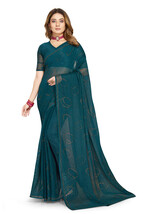 Designer Teal Blue Hot Fix Siroski Stone Work Sari Simmer Silk Party Wea... - £55.84 GBP