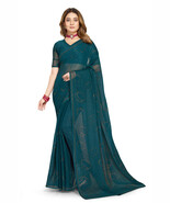 Designer Teal Blue Hot Fix Siroski Stone Work Sari Simmer Silk Party Wea... - $69.95