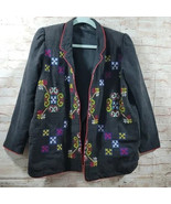 Black 80s Embroidered Woman Linen Blazer Size MED? Lined Geometric Needl... - £28.95 GBP