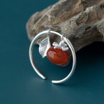 925 Sterling Silver Agate Persimmon Resizable Ring For Women Cute Fruit Leaf Chi - £25.93 GBP
