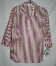 Kim Rogers Petite 12 P Blouse Pink Purple Green Striped Shirt 3/4 Sleeve New NWT - £10.80 GBP