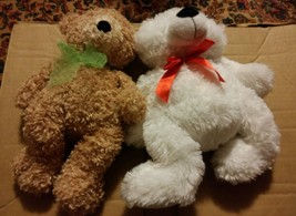 000 Lot of 2 Cute Teddy Bears Ty Silk White w Red Ribbon Brown Green Rib... - $12.99