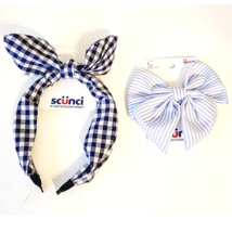 Scunci Patriotic Bow Headband and Alligator Clip Gingham Striped Blue White NEW - £7.85 GBP