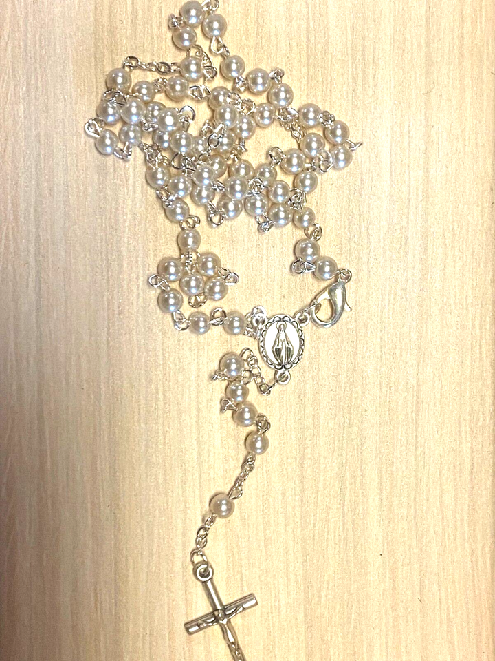 White Faux Pearl  Rosary 15" L , Necklace New from Jerusalem