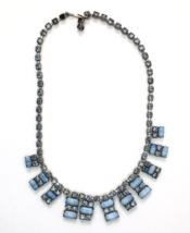 Vintage Necklace Blue Glass Rhinestone &amp; Rectangular Striped Stone Silver Tone - £40.20 GBP