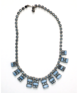 Vintage Necklace Blue Glass Rhinestone &amp; Rectangular Striped Stone Silve... - £39.61 GBP