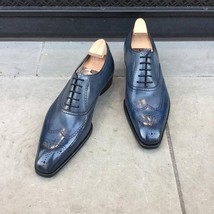 Men&#39;s New Handmade Best Wingtip Blue Leather Oxfords Dress Custom made Formal Sh - £140.75 GBP