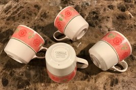 4 Corelle Stoneware Lime Coral Rim Floral Coffee Cups Tea Mugs Heirloom Bloom  - £15.40 GBP