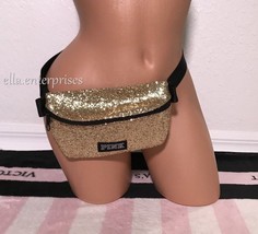 Victoria&#39;s Secret Pink Fanny Pack Gold Glitter Black Waist Bag Pouch - £39.31 GBP