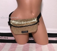 Victoria&#39;s Secret Pink Fanny Pack Gold Glitter Black Waist Bag Pouch - £40.05 GBP