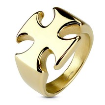 Knights Templar Ring Gold PVD 316L Stainless Steel Medieval Maltese Cross Band - £15.73 GBP