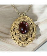 Vtg Heavy Victorian Revival Glass Cabochon Pendant Embossed Gold Tone Ch... - $36.00