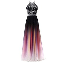 Kivary Sheer Beaded Halter Gradient Ombre Chiffon Long Prom Evening Dress Black  - £96.97 GBP