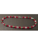 Beaded necklace; green, clear, and red; silver lobster clasp; 18 inches - £14.96 GBP