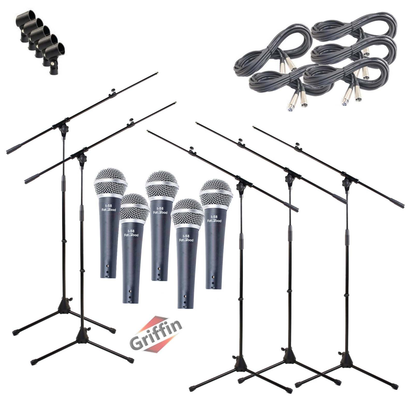 GRIFFIN Microphone Stand Package of 5 with Vocal Unidirectional Mics & XLR Cable
