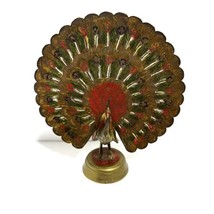 Vintage Indian Engraved 7” Painted Brass Peacock Figurine Antique - £55.01 GBP