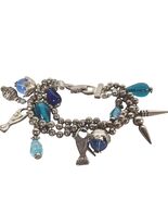 Silver &amp; Blue Beaded Charm Bracelet With Fish &amp; Pointed Metal Pendants J... - $31.41 CAD