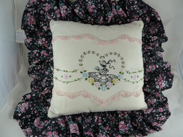Throw Pillow Vintage Embroidered &amp; Crochet Boho Cottage Core  12&quot; w 3.5&quot; ruffle - £16.06 GBP