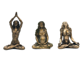 Set of 3 Gaia Mother Earth Goddess Bronze &amp; Resin Statue Sculpture Miniatures - £48.62 GBP