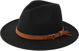 Classic Wide Brim Women Men Fedora Hat with Belt Buckle Felt Panama Hat - $28.27