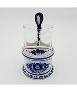 Gzhel Cup Glass Holder crystal lead glass tea spoon set Signed - $65.64