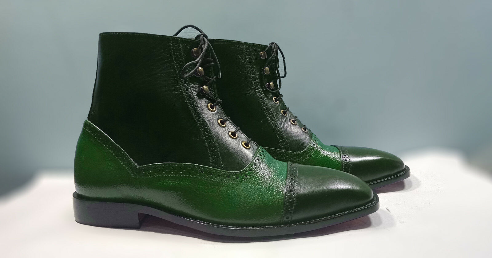 Men's High Ankle Two Tone Green Rounded Cap Toe Genuine Leather Boots US 7-16