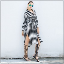 Black and White Striped Long Sleeve Button Up Maxi Beach Shirt With Belt image 2