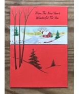 Vintage Ephemera Gibson Cabin In The Snow Pine Trees Red New Years Card - £7.07 GBP