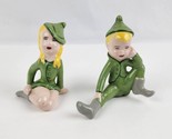 Vintage Ceramic Pixie Elves Boy &amp; Girl Green Ceramic Sitting Signed PPI - £31.53 GBP